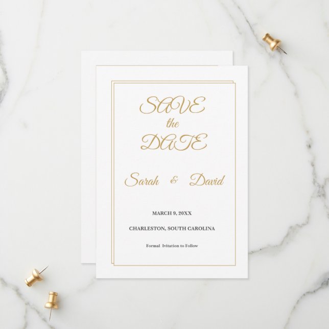 Minimalist Gold Border Save the Date Card (Vorderseite/Rückseite Beispiel)