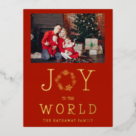 Minimalist Gold Snowflakes Joy To The World Family Folien Feiertagspostkarte