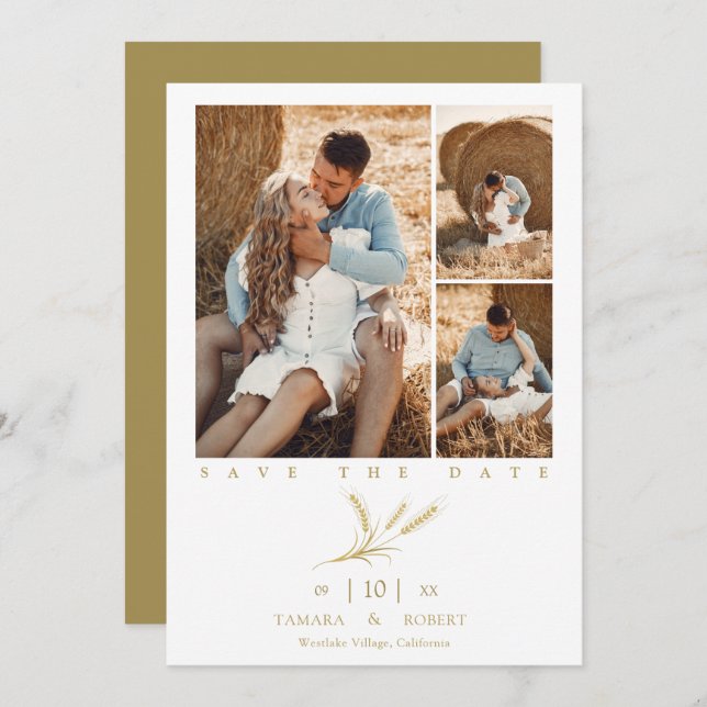 Minimalist Golden Wheat 3 Photos Collage Wedding (Vorne/Hinten)