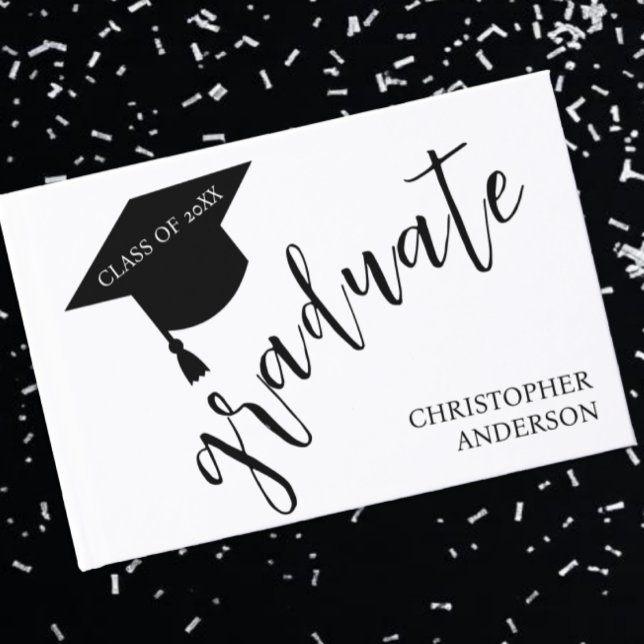 Minimalist Grad Cap Black & White Graduation Gästebuch (Von Creator hochgeladen)