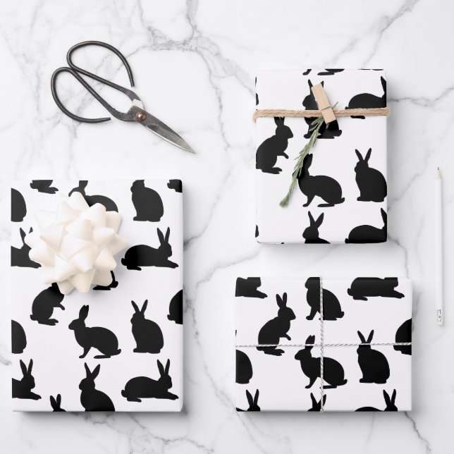 Minimalist Graphic Bunny Pattern In Black Easter Geschenkpapier Set (Vorderseite)