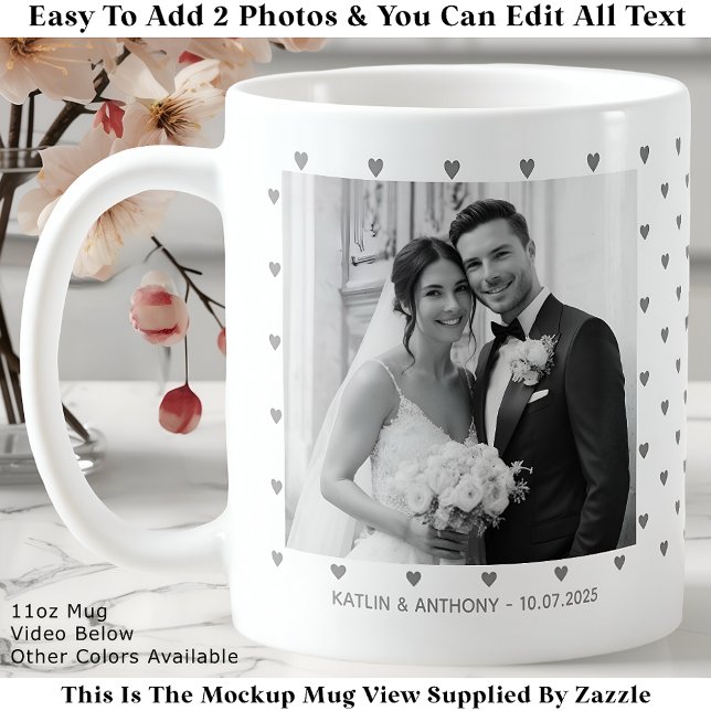 Minimalist Gray Hearts Custom Wedding Two Photos Kaffeetasse (Von Creator hochgeladen)