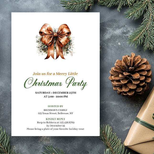 Minimalist Green And Gold Christmas Bow Invite Einladung (Minimalist Green And Gold Christmas Tree Invite)