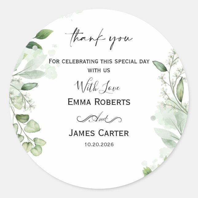 Minimalist Greenery Thank You Round Sticker (Vorderseite)