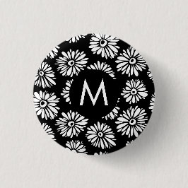 Minimalist Groovy Black and White Daisy Monogram Button
