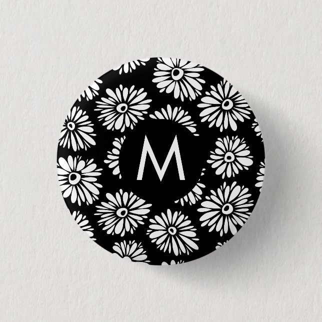 Minimalist Groovy Black and White Daisy Monogram Button (Vorderseite)