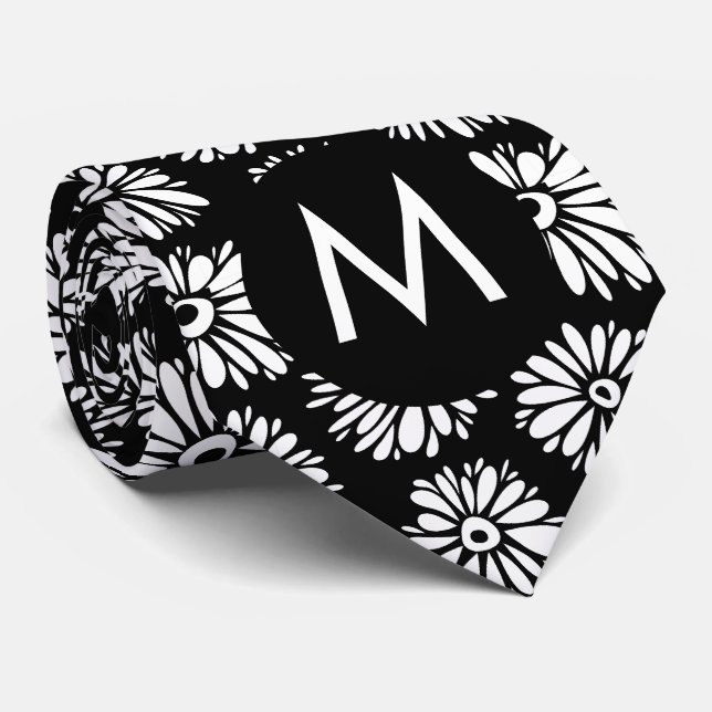 Minimalist Groovy Black and White Daisy Monogram Krawatte (Gerollt)