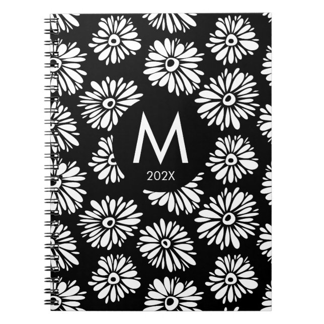 Minimalist Groovy Black and White Daisy Monogram Notizblock (Vorderseite)