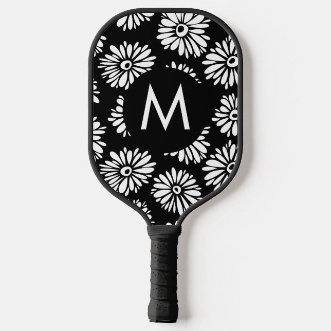 Minimalist Groovy Black and White Daisy Monogram Pickleball Schläger (Rückseite)