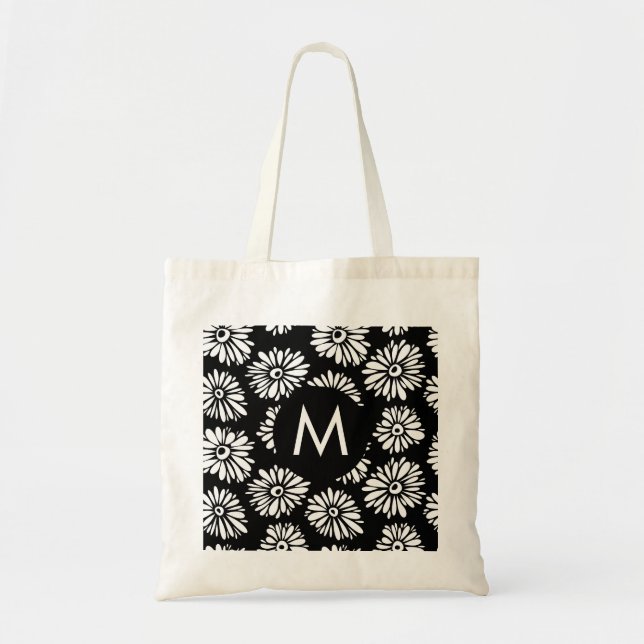 Minimalist Groovy Schwarz-Weiß-Daisy-Monogramm Tragetasche (Vorne)
