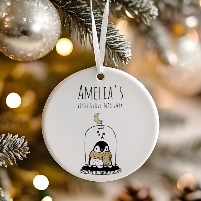 Minimalist Hand-Drawn Baby's First Christmas Keramik Ornament (Modern minimalist hand-drawn black and gold customisable baby's first Christmas ornament. )