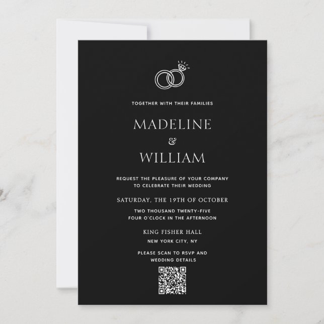 Minimalist Hand Drawn Rings Black Qr Code Wedding Einladung (Vorderseite)
