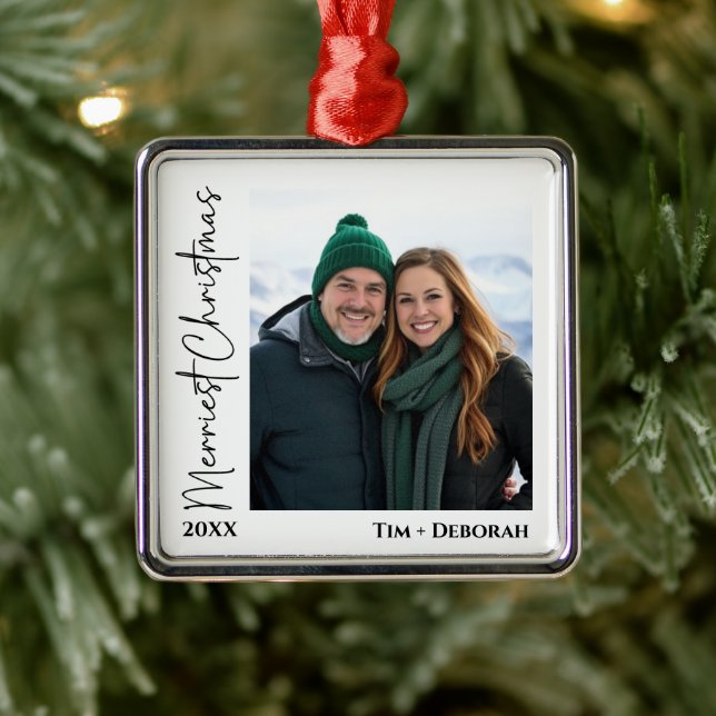 Minimalist Hand Written Merriest Christmas Photo  Ornament Aus Metall (Baum)