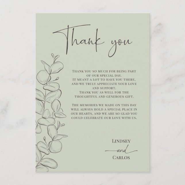 Minimalist handdrawn leaves green script wedding dankeskarte (Vorderseite)