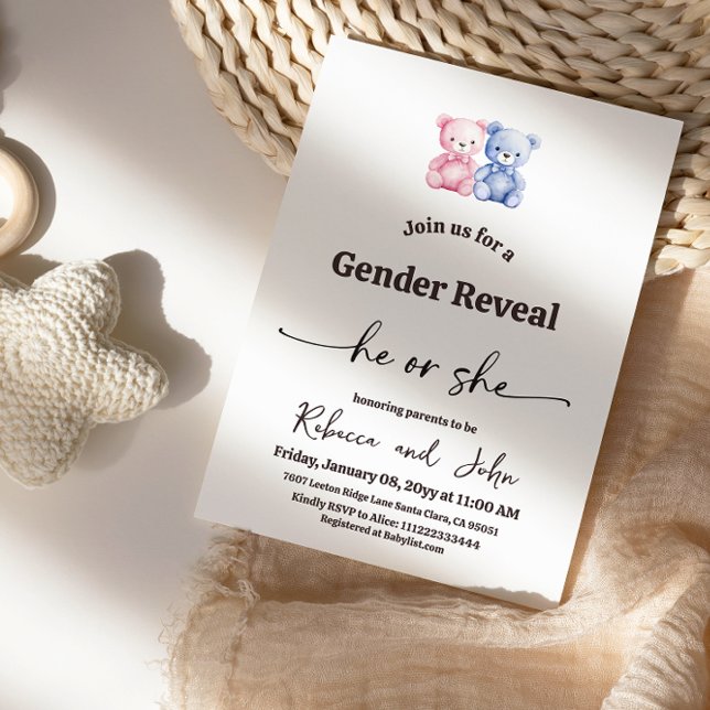 Minimalist He or She Pink Blue Bear Gender Reveal Einladung (Von Creator hochgeladen)