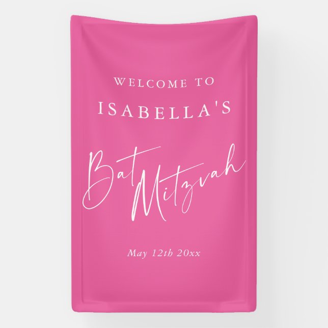 Minimalist Hot Pink Custom Bat Mitzvah Welcome Banner (Vertikal)
