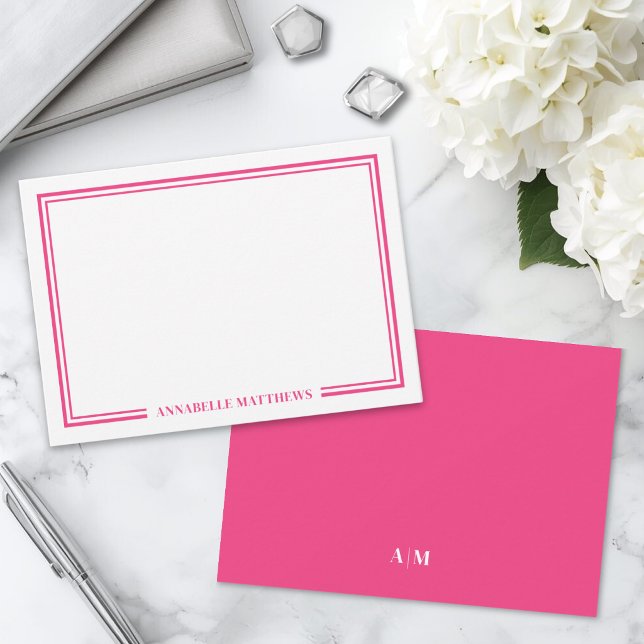 Minimalist Hot Pink Two Border Monogram Mitteilungskarte (Minimalist Hot Pink Two Border Monogram Note Card)