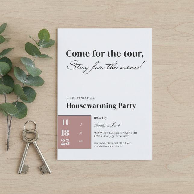 Minimalist Housewarming Invitation • Wine Quote D  Einladung (Housewarming invitation flat lay with green leaves and house keys on warm wooden table background.)