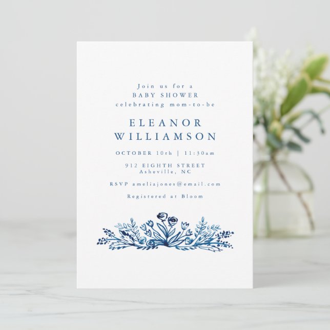 Minimalist Indigo Blue Ink Botanical Baby Shower Einladung (Stehend Vorderseite)