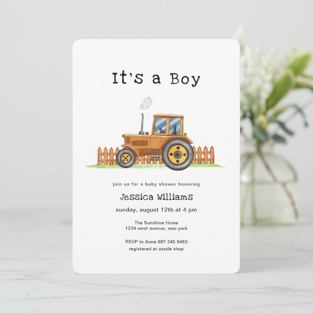 Minimalist It's A Boy Framer Tractor Baby Shower  Einladung (Stehend Vorderseite)