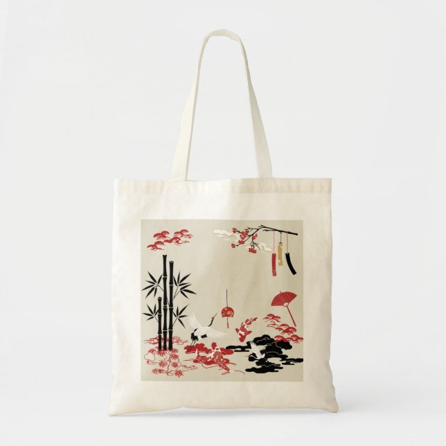 Minimalist Japanese Motifs: Cranes, Koi Fish, Bamb Tragetasche (Vorne)