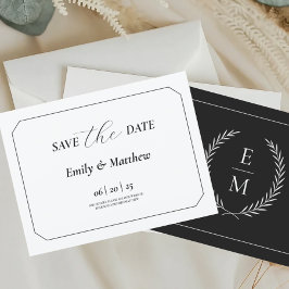 Minimalist Laurel Monogram Wedding Save The Date Ankündigungspostkarte