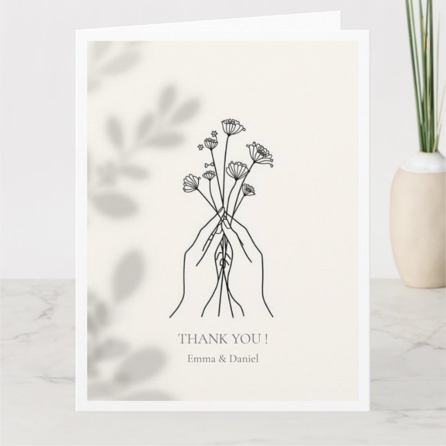 Minimalist Line Art Hands & Flowers Thank You Card Dankeskarte (Vorderseite)