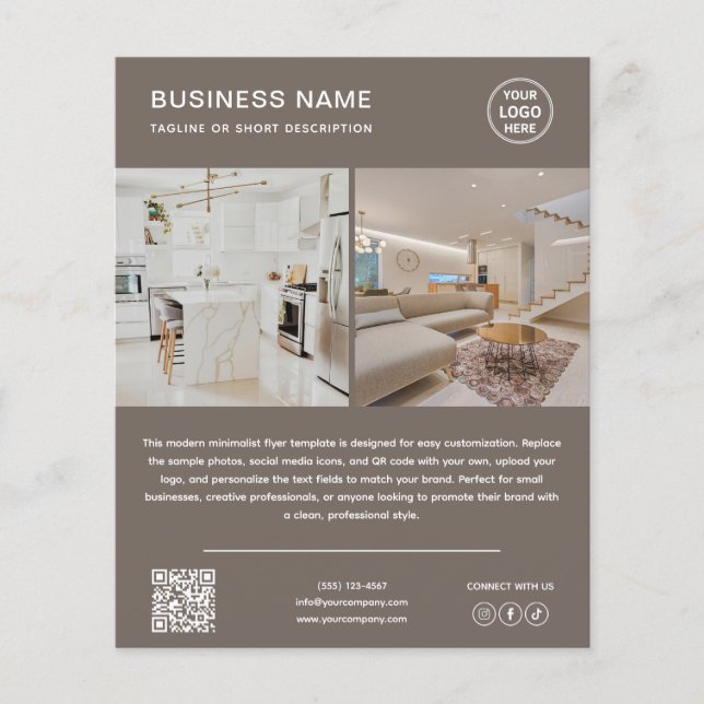 Minimalist Logo Photo QR Code Taupe Business Flyer (Vorne)