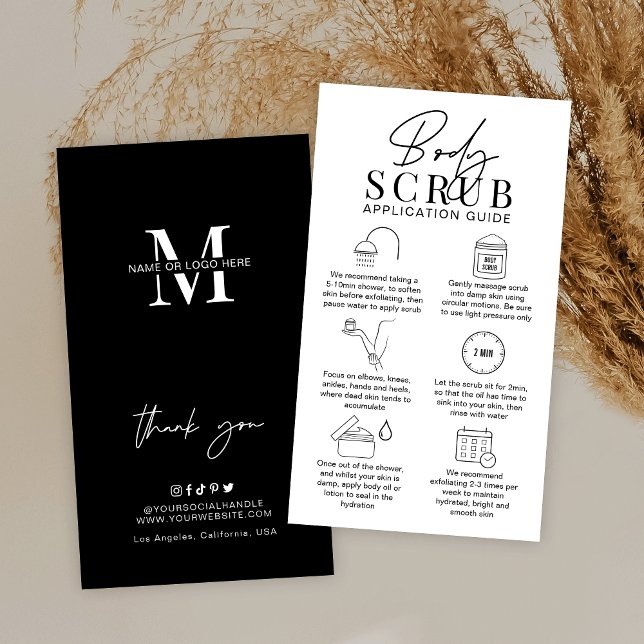 Minimalist Logo Sugar Body Scrub Application Guide Visitenkarte (Minimalist body scrub care cards in black and white, featuring care icons and space for your logo)