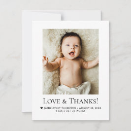 Minimalist Love & Thanks Baby Photo Birth Stats Dankeskarte