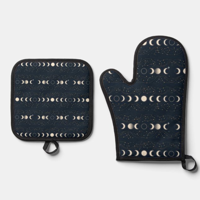 Minimalist Lunar Phases Pattern with Stars and Nig Ofenhandschuh & Topflappen-Set (Vorderseite)
