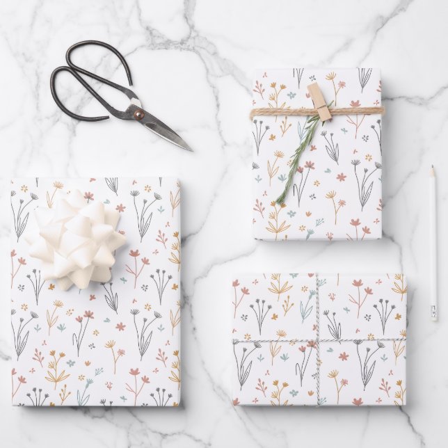 Minimalist Meadowcore Neutrales Wildblumenmuster Geschenkpapier Set (Vorderseite)