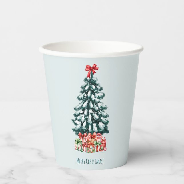 Minimalist Merry Christmas Snowy Pine Tree Pappbecher (Vorderseite)
