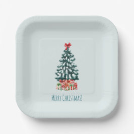 Minimalist Merry Christmas Snowy Tree Pappteller