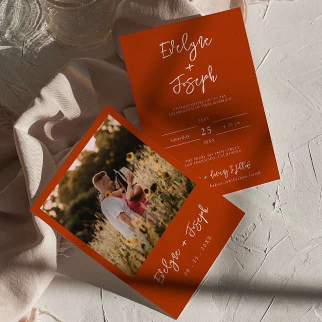 Minimalist Modern Burnt Orange Photo Boho Wedding Einladung (Von Creator hochgeladen)