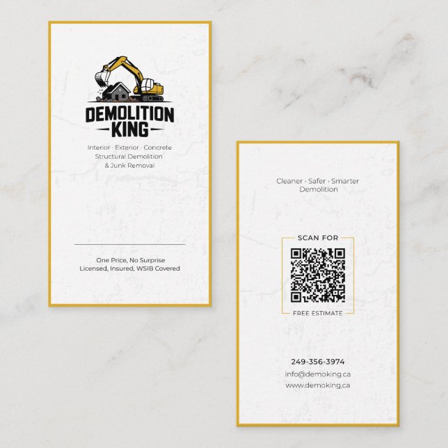 Minimalist Modern Demolition King Business Card Visitenkarte (Vorne/Hinten)