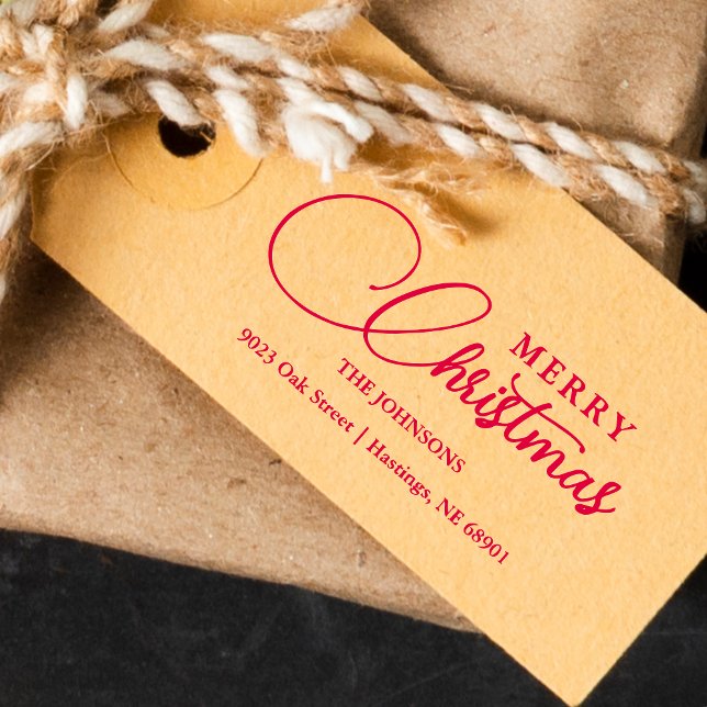 Minimalist Modern Merry Christmas Family Address Permastempel (Minimalist Modern Merry Christmas Family Address Self-Inking Stamp for your holiday correspondence.)