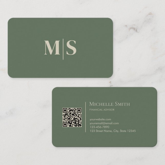 Minimalist Modern Olive Green Initials QR Code Visitenkarte (Vorne/Hinten)