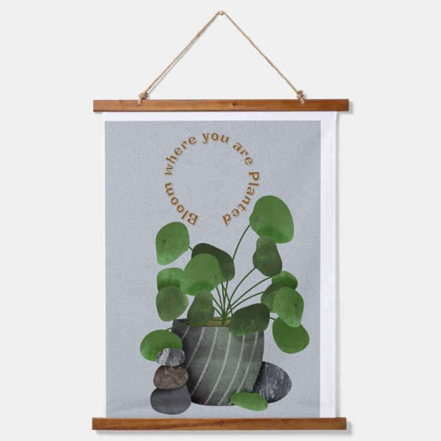 Minimalist Money Plant -Wood Topped Wall Tapestry Wandteppich Mit Holzrahmen (Vorderseite)