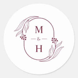Minimalist Monogram Elegant Burgundy Wedding Favor Runder Aufkleber