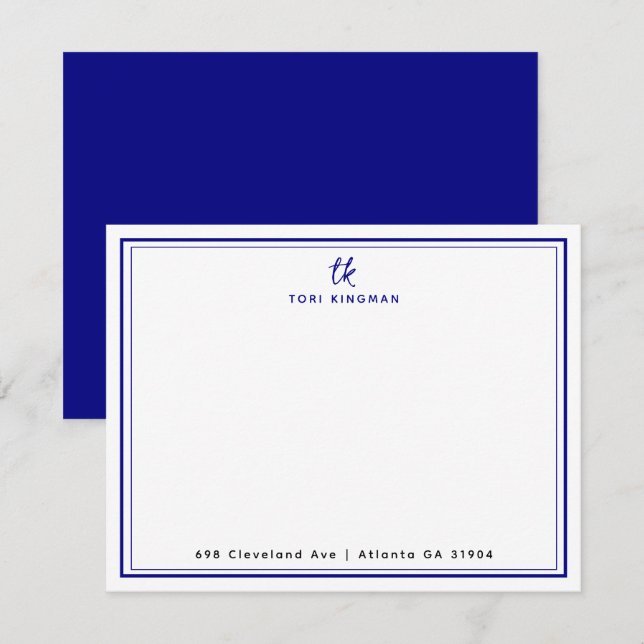 Minimalist Monogram Navy Blue Two Borders Flat Mitteilungskarte (Vorne/Hinten)