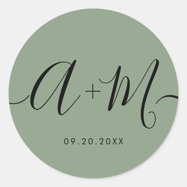 Minimalist Monogram Script Custom green Wedding Runder Aufkleber (Vorderseite)