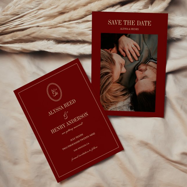 Minimalist Monogram Wine Red Wedding Photo Save The Date (Von Creator hochgeladen)