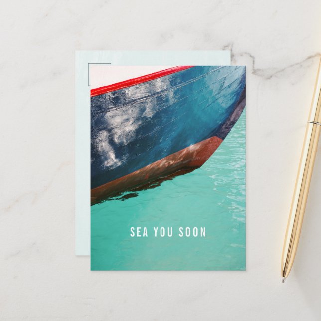 Minimalist Nautical Abstract Boat Sea You Soon Postkarte (Vorderseite/Rückseite Beispiel)