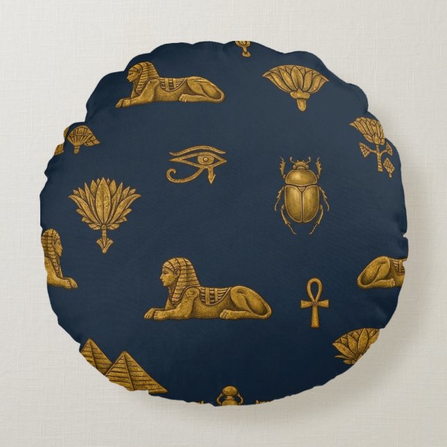 Minimalist Navy & Antique Gold Egyptian Pattern Rundes Kissen (Vorderseite)