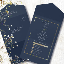 Minimalist Navy Background Gold Frame Wedding All In One Einladung