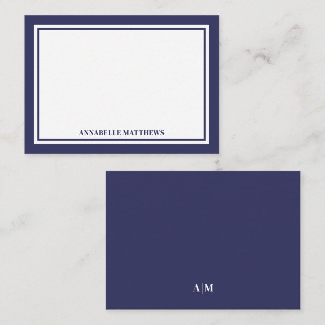 Minimalist Navy Blue Two Border Monogram Mitteilungskarte (Vorne/Hinten)