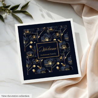 Minimalist Navy Napkins Gold Flowers Monogram Art Serviette