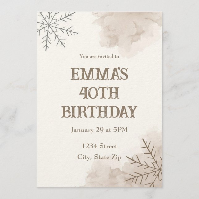 Minimalist Neutral Winter 40th Birthday Invitation Einladung (Vorderseite)