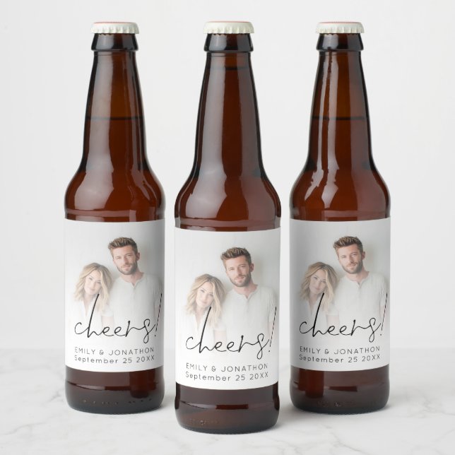 Minimalist Newlywed Photo Overlay Cheers Wedding  Bierflaschenetikett (Flaschen)